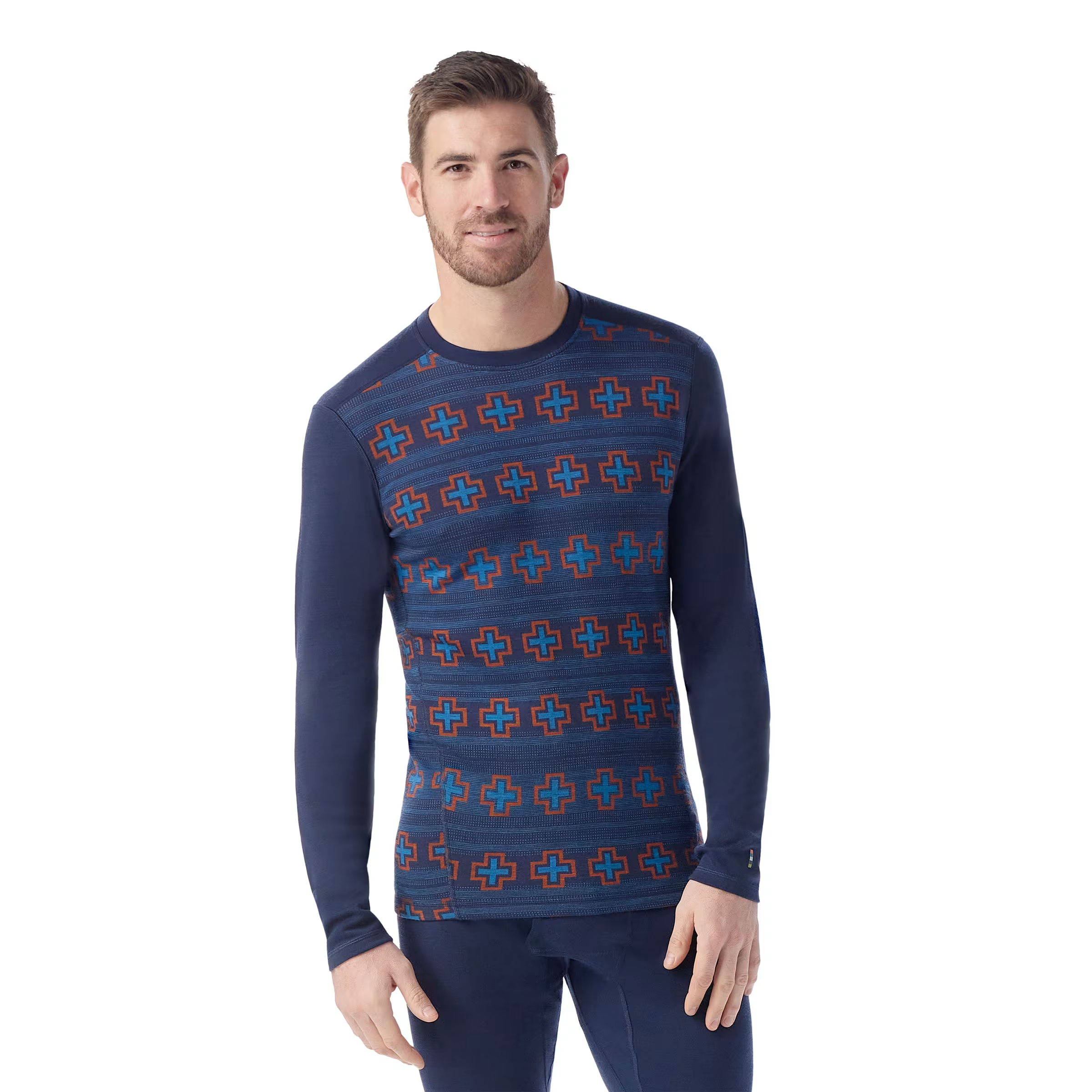 Smartwool Classic Thermal Merino Base Layer Crew i mørkeblått med "Paths Crossed"-mønster, herre